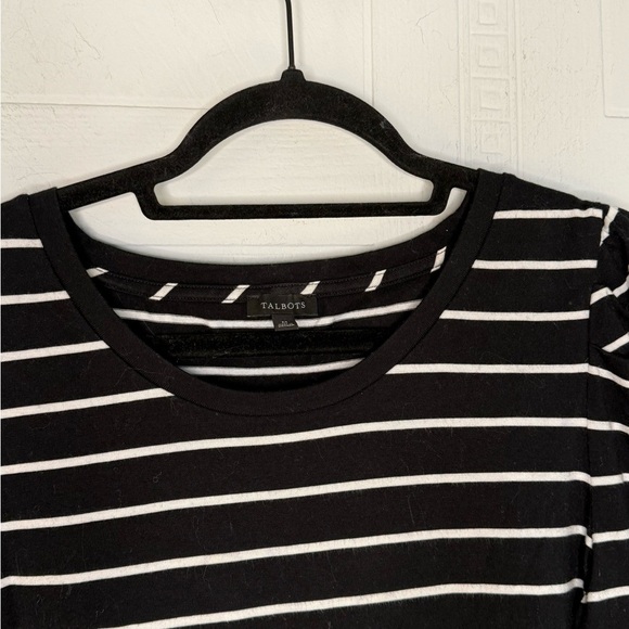 Talbots 100% Pima Cotton Black White Striped Long Puff Sleeve Crew Neck Top M - Picture 2 of 10
